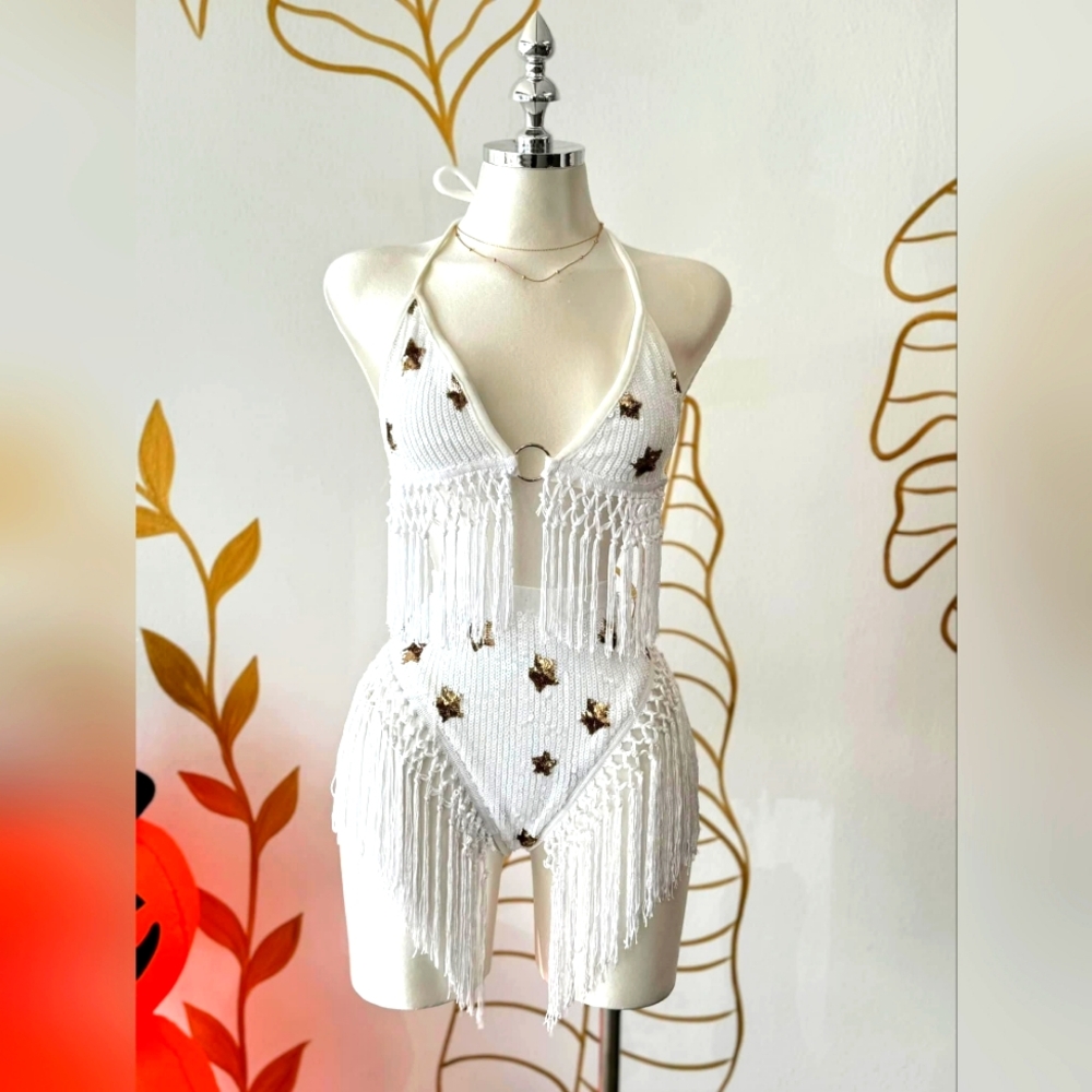 New White Gold Sequin Fringed Cowgirl Festival Set Bachelorette/Bride Party